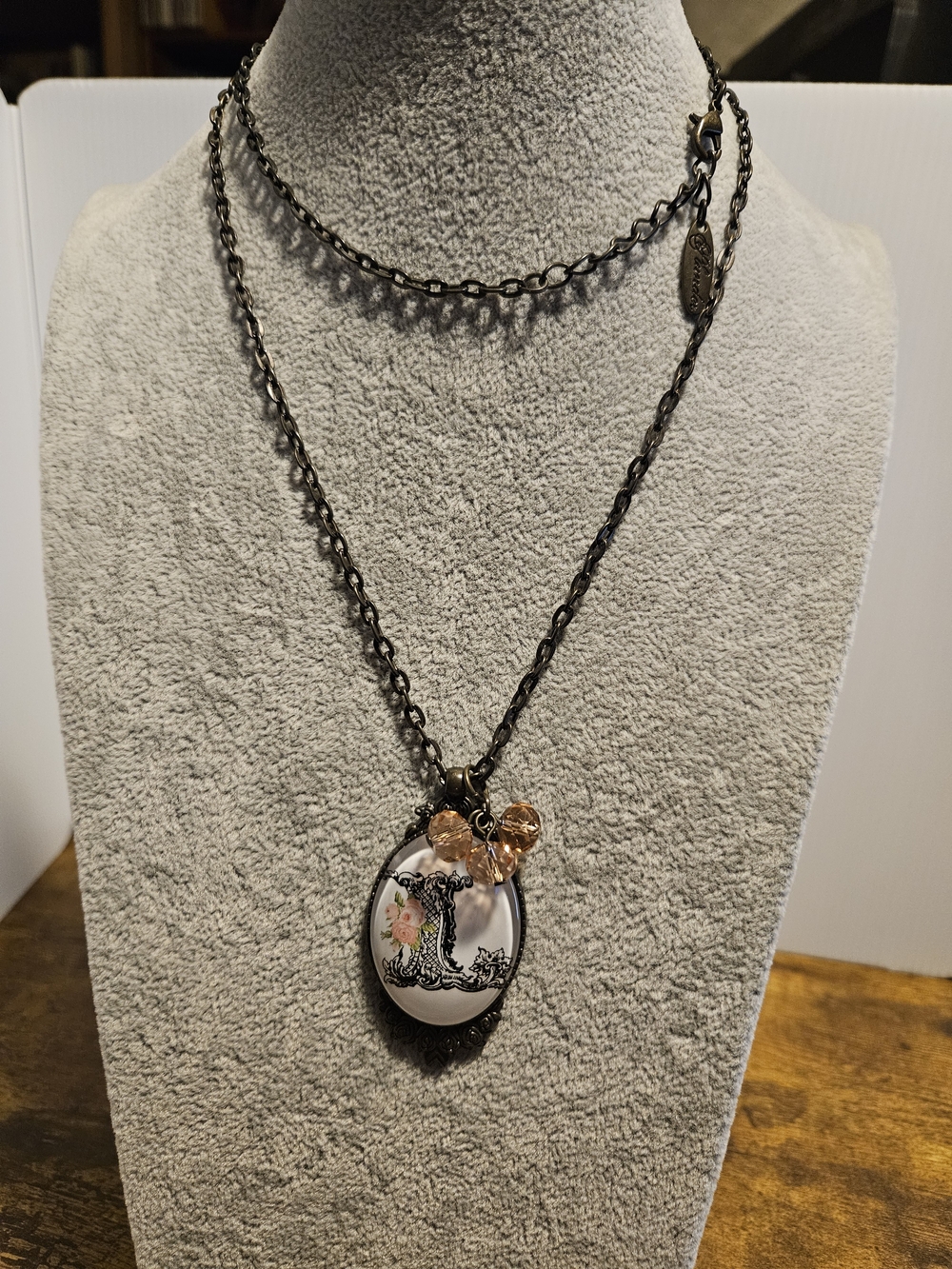 Plunder Vintage Inspired Letter L Necklace Bronze Floral Frame 30-32 Inches